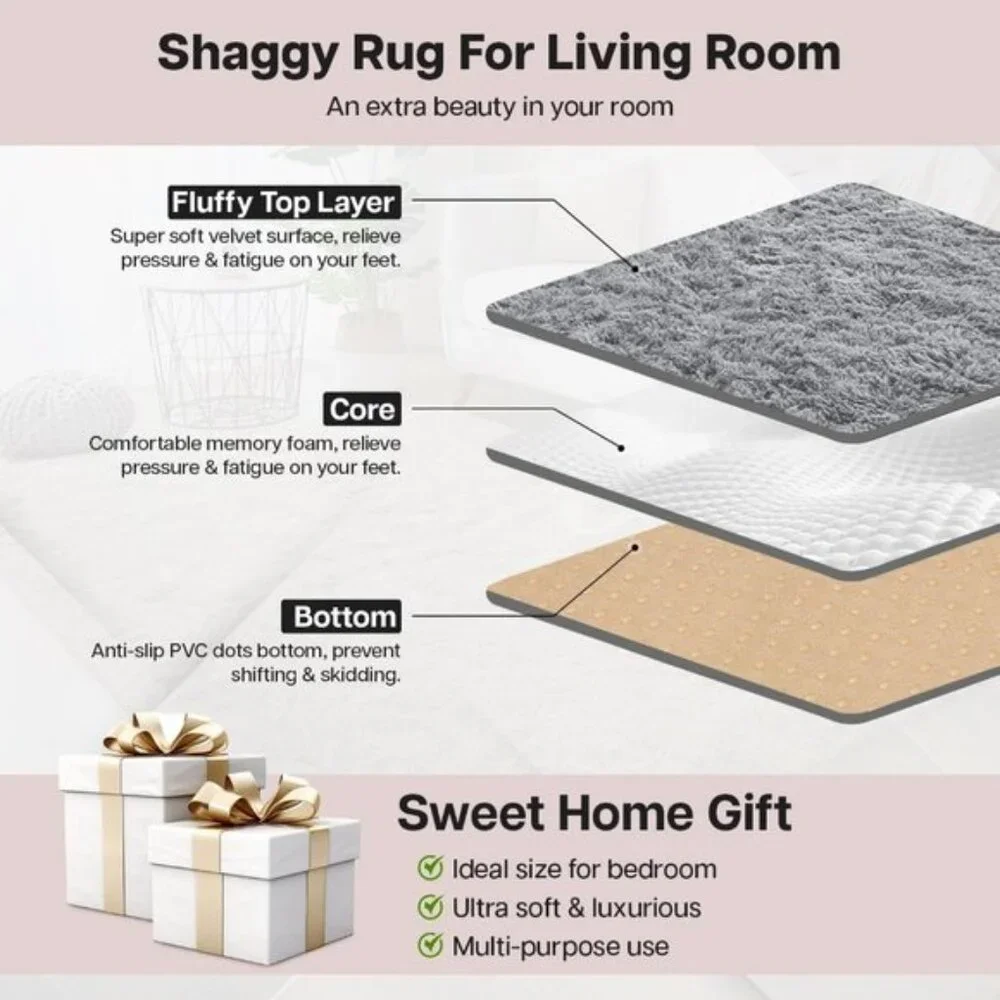 New 4x6 Grey Area Rug for Living Room, Soft Shaggy Non-Slip Carpet for Kids